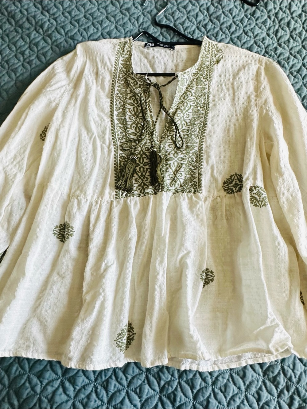 Zara Cream Blouse with Olive Embroidery and Tassel Tie